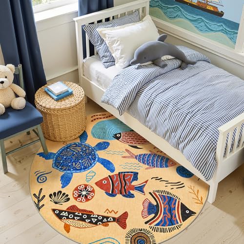 5ft Coastal Round Rug Washable Kids Rug Colorful Ocean Fish Mat Tan (19.63 Sq Ft)