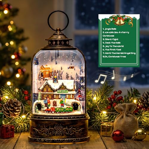 Christmas Village Snow Globe Water Lantern with Train Station Scene Battery Operated or USB Powered Musical Lighted Holiday Decoration for Tabletop Display for Family and Friends