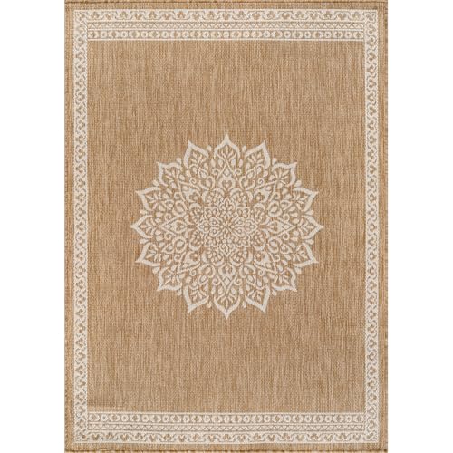 Outdoor Rug 8x10 Medallion Natural Modern Area Rugs for Indoor and Outdoor Patios Kitchen and Hallway Mats Washable Porch Deck Outside Carpet (80 Sq Ft)