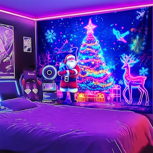 Merry Christmas Blacklight Tapestry Christmas Decorations Wall Hanging Xmas Tree Poster Glow in the Dark Tapestry for Bedroom Living Room Party Banners Decor