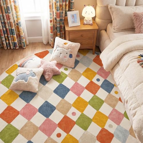 8ft Kids Round Rug Washable Classroom Rug Colorful Checkered Mat (50.27 Sq Ft)