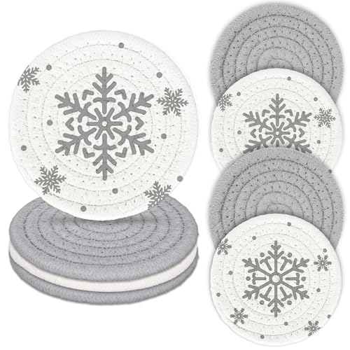 Winter Snowflake Handmade Braided Cotton Coasters Christmas Grey Snowflake Drink Coasters Absorbent Cup Coasters for Xmas Party Home Office Decor (4 Count)