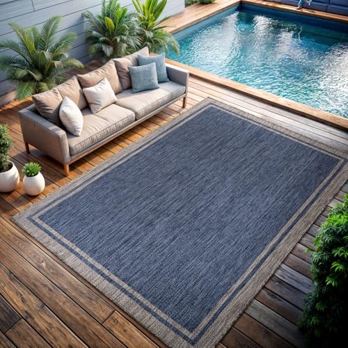 Outdoor Rug 8x10 Bordered Navy Blue Gray Modern Area Rugs for Indoor and Outdoor Patios (80 Sq Ft)