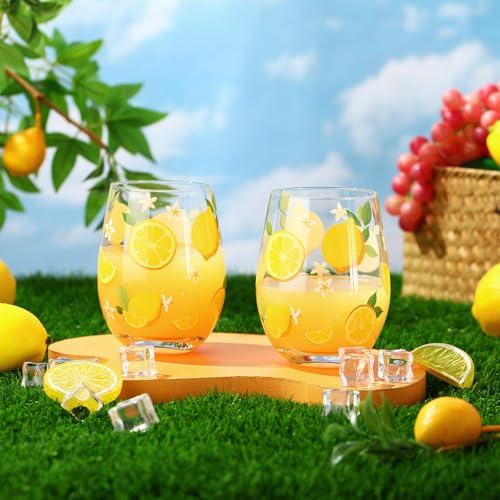 2 Pack Lemon Stemless Wine Glasses 17oz Lemon Drinking Glasses Clear Stemless Wine Tumbler Unique Gift for Wedding (2 Count)