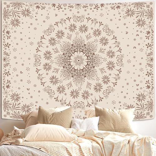 Boho Floral Mandala Tapestry Wall Hanging Bohemian Flower Medallion Tapestry Aesthetic Beige Brown Hippie Indian Small Tapestries for Bedroom Living Room Dorm Decor 80 x 60 Inch