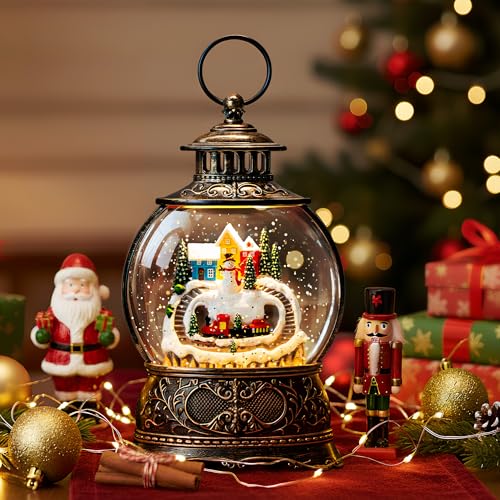 Christmas Village Snow Globe Water Lantern with Snowman and Train Scene Battery Operated or USB Powered Musical Lighted Holiday Decoration for Tabletop Display for Family and Friends