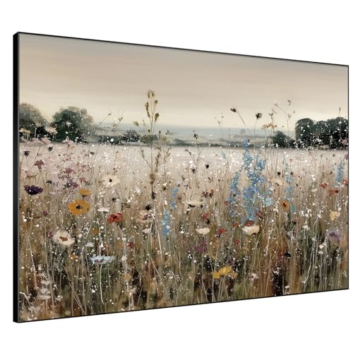 60"x72" Extra Large Framed Wall Art Wildflower Meadow Landscape Soft Pastel Field Illustration for Home Living Room Bedroom Decor