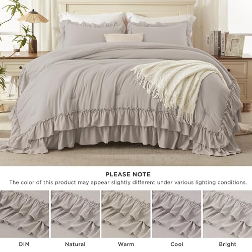 Linen Grey Ruffle Comforter Set Queen Size