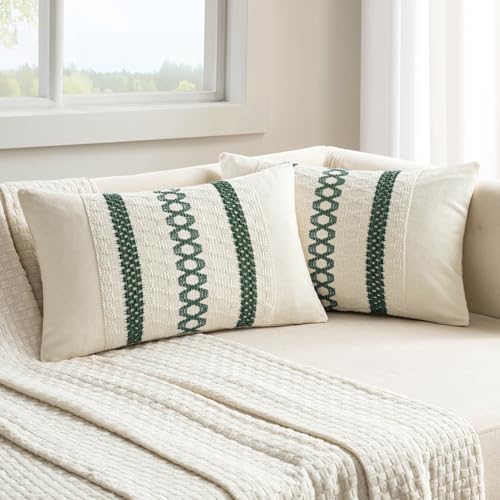 Set of 2 Dark Green Boho Decorative Lumbar Pillow Covers 12x20 Inch (2 Count)