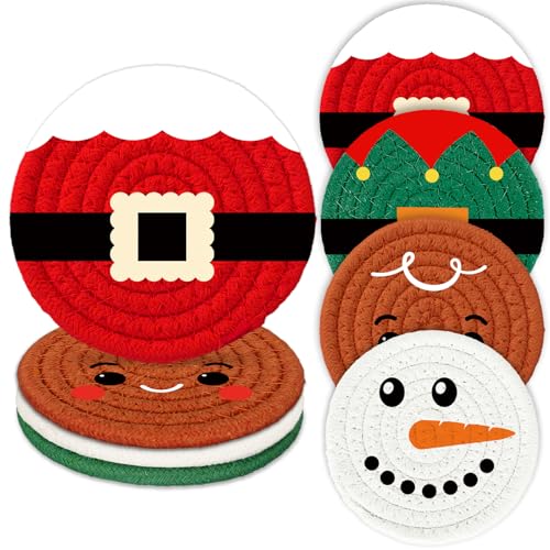 Christmas Cartoon Cotton Coasters Funny Santa Gingerbread Snowman Handmade Braided Drink Coasters Absorbent Cup Mats for Xmas Holiday Party Home Table Decor (4 Count)