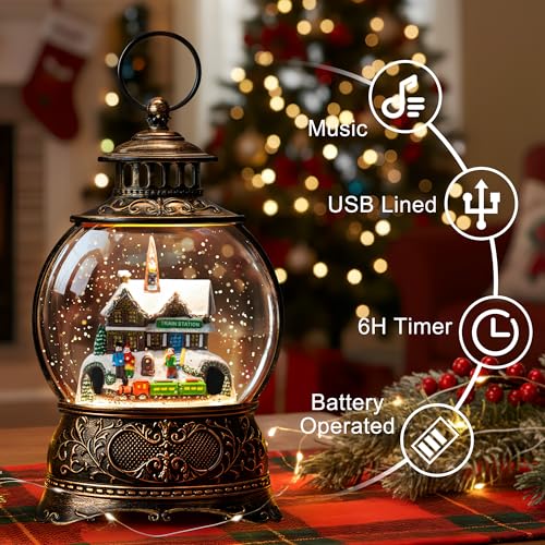 Christmas Village Snow Globe Water Lantern with Train Station Scene Battery Operated or USB Powered Musical Lighted Holiday Decoration for Tabletop Display for Family and Friends