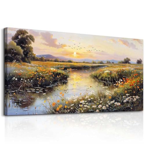Canvas Wall Art For Bedroom Wall Decoration For Living Room Restaurant Office Decor Rivulet View Painting Farmhouse Field Scenery Watercolour Pictures Printing Artworks Home Decor 20x40In