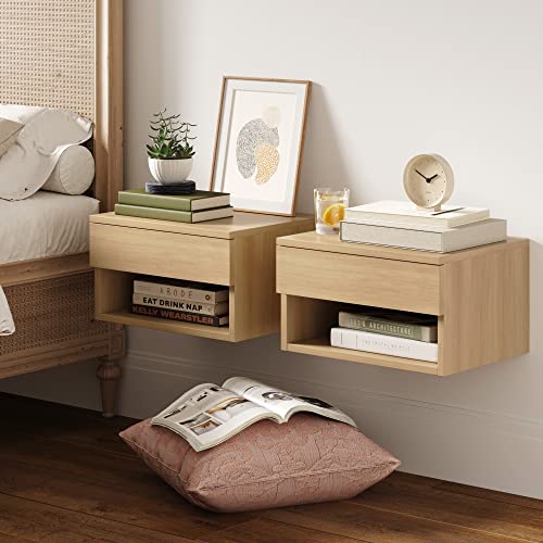 Jackson Wall Mounted Floating Bedroom Nightstand with Storage Drawer and Modern Open Shelf Cubby Set of 2