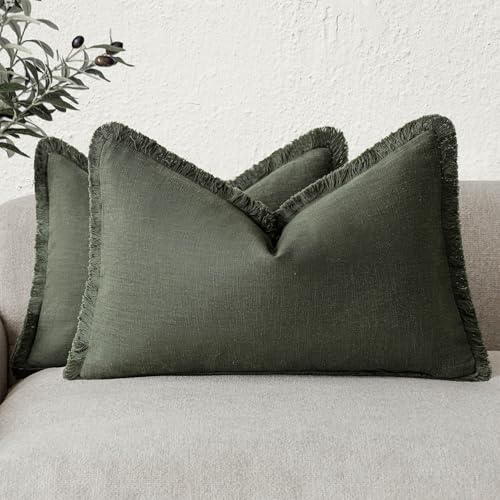 Boho Linen Fringe Lumbar Throw Pillow Covers 12×24 Dark Green (2 Count)