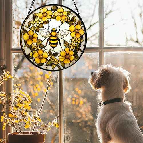 Bee Wreath Stained Glass Window Hanging Suncatcher Gifts for Women 15"