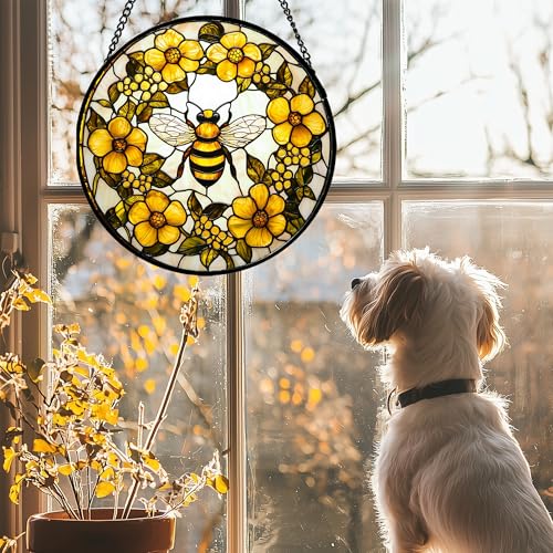 Bee Wreath Stained Glass Window Hanging Suncatcher Gifts for Women 12"