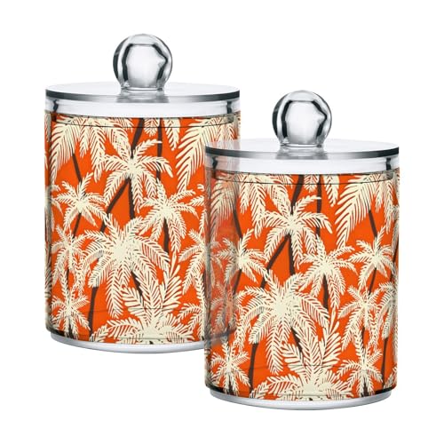2 Pack Qtip Holder Organizer Dispenser Palm Trees Orange Color Bathroom Storage Canister Cotton Ball Holder Container for Cotton Pads (2 Count)