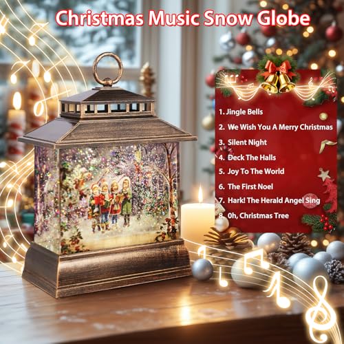 Christmas Snow Globe Lantern Water Glittering Lantern with 8 Songs & 6H Timer Romote Control Christmas Snow Globes USB & Battery Operated for Christmas Festival Decorations Gifts
