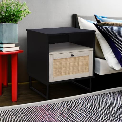 Mina Rattan Wood End Side Accent Table Nightstand with Storage (2 Count)