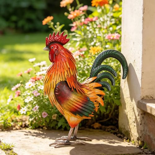 Rooster Garden Statue Sculpture Metal Chicken Yard Decor Outdoor Figurines Patio Backyard Decoration
