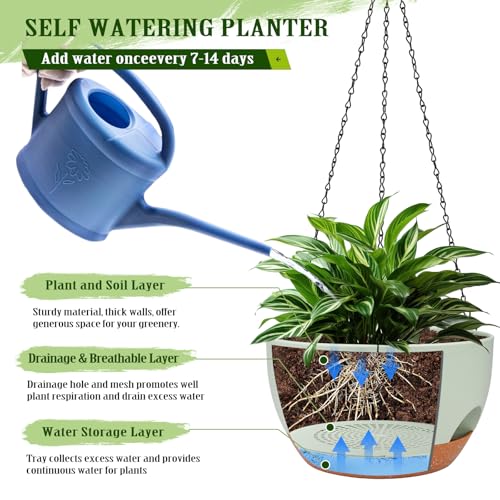 2 Pack 12 Inch Self Watering Hanging Planters for Indoor Outdoor Plants (2 Count)