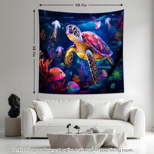 Blacklight Turtle Tapestry Glow in the Dark Ocean Tapestry Wall Hanging Black Light Sea Turtle Poster for Kids Teen Room Bedroom Decor 59.1" L x 59.1" W