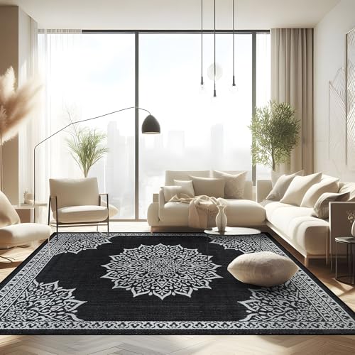 Outdoor Rug 9x12 Medallion Black White Modern Area Rugs for Large Indoor and Outdoor Patios