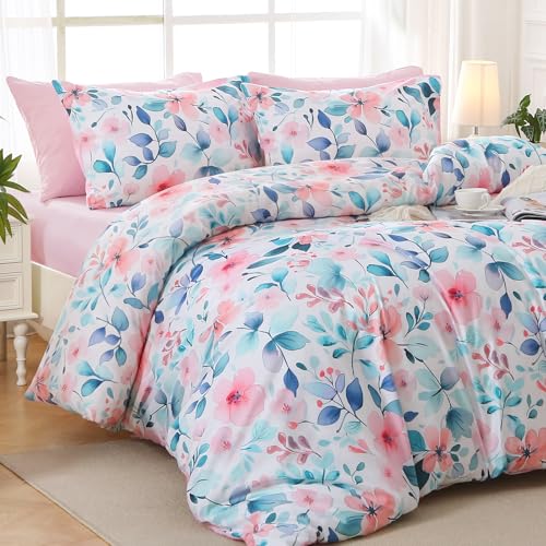 Pink Blue Branch Bed in a Bag Queen 7 Pieces