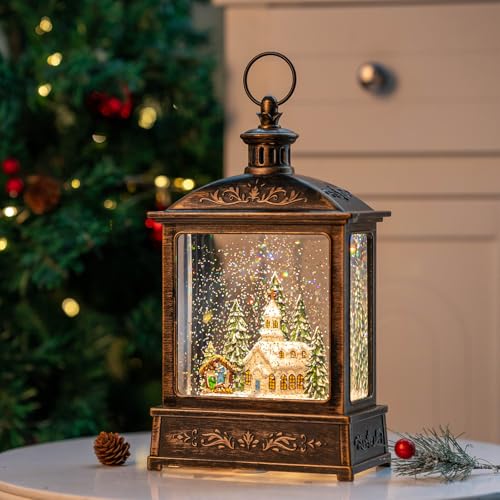Christmas Snow Globe Lantern Water Glittering Churche & Manger Scene with Music & Timer