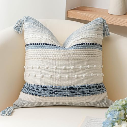Coastal Blue Boho Decorative Throw Pillow Cover 22x22 Modern Bohemian Accent Pillow Case Square Woven Textured Farmhouse Pillows for Couch Bed
