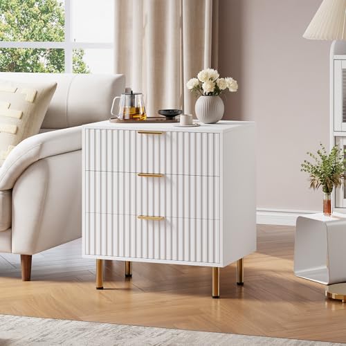 Fluted White 3 Drawer Dresser for Bedroom with Deep Drawers