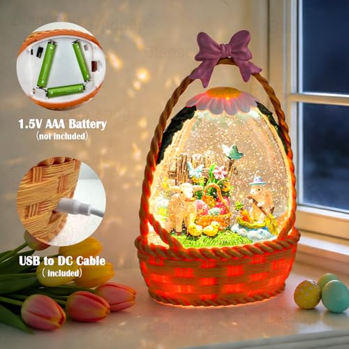 Easter Bunny Snow Globe Basket Egg Easter Decorations for Home Rabbit Sheep Chick Flower Butterfly Tabletop Glitter Snowfall USB