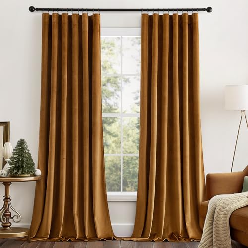 Fall Golden Brown Velvet Blackout Curtains Pinch Pleat 52" Wx108 L
