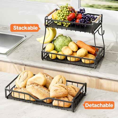 3 Tier Fruit Basket for Kitchen Countertop with 2 Banana Hangers