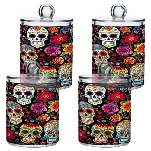 Colorful Skulls 2PC Airtight Transparent Plastic Storage Jar Food Storage Container Plastic for Food Herbs Tea etc with Storage Lid easy to use and clean With lid Easy To Use (2 Count)