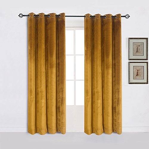 Super Soft Luxury Heavy Velvet Set of 2 Warm Yellow Blackout Energy Efficient Grommet Curtain Panel Drapes Ginger Mustard Curtain Panels