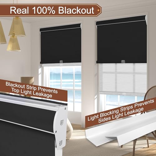 Cordless Dual Roller Shades.Linen Black and White.49 W x 48" H