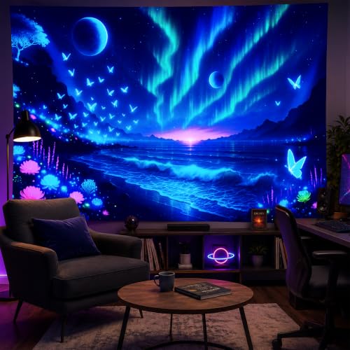 Blacklight Tapestry Galaxy Butterfly Wall Hanging 78 x 59 Inch