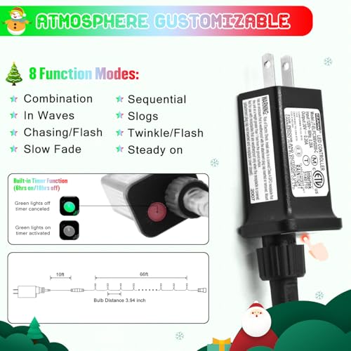66ft 200 LED Red White and Green Christmas Lights Plug in (66 Foot)