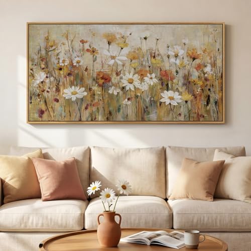 Large Framed Vintage Neutral Floral Wall Art for Living Room