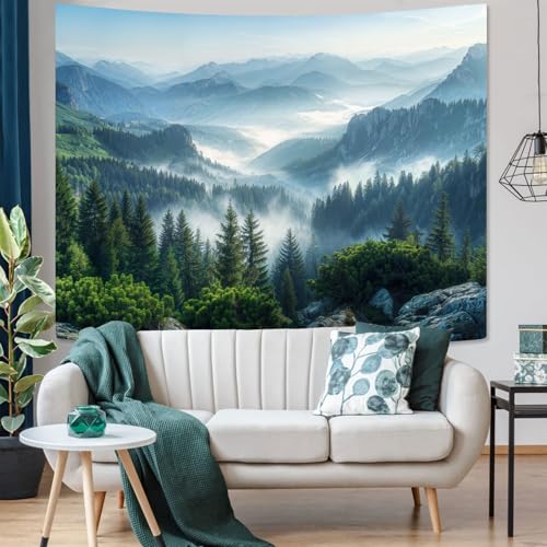 Nature Forest Mountain Tapestry Green Misty Pine Tree Tapestry for Bedroom Aesthetic Foggy Woodlands Sky Landscape Tapestries Wall Hanging for Living Room Dorm 48 x 36 Inch