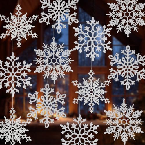 12pcs Large Silver Snowflakes Ornaments 12” Big Plastic Glitter Snowflake for Winter Indoor Outdoor Christmas Tree Window Room Decorations Giant Craft Snowflakes (12 Count)