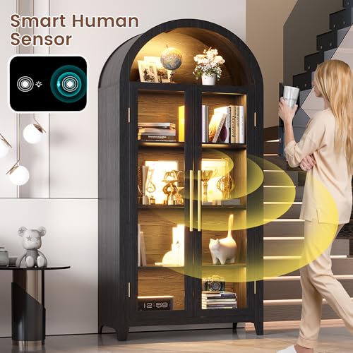71" Arched Storage Cabinet with Glass Doors and LED Lights
