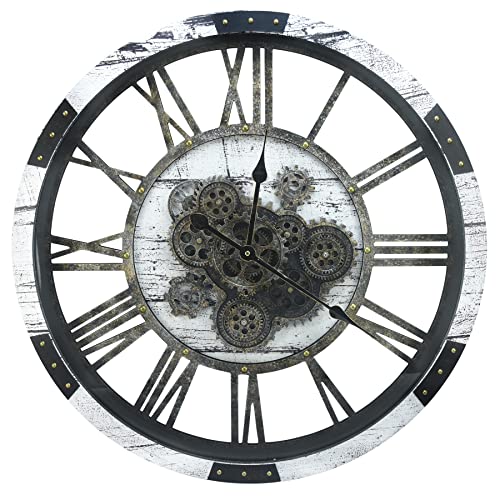 27 Inch Large Wall Clock Farmhouse Wooden Clock with Moving Gears HD Toughened Glass Cover