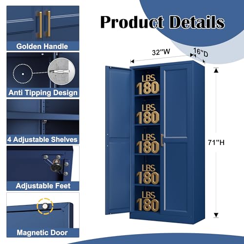 71"Metal Pantry Storage Cabinet with Doors & 4 Adjustable Shelves