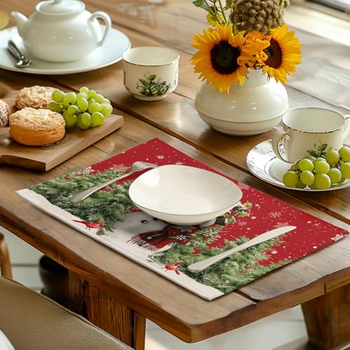 Snowman Christmas Red Placemats Set of 4 Xmas Tree Cardinal Snowflakes Linen Table Mats Seasonal Winter Holiday Place Mats Washable Placemat for Party Kitchen Dining Outdoor Indoor Decor (4 Count)
