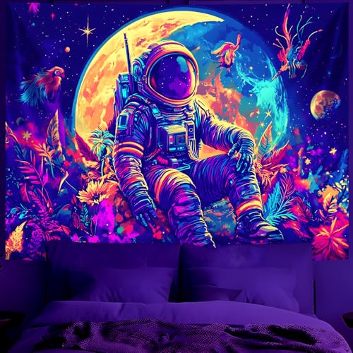 Blacklight Space Astronaut Tapestry UV Reactive Galaxy Planet Glow in Dark Tapestries Black Light Poster Neon Wall Hanging Art for bedroom Living Room