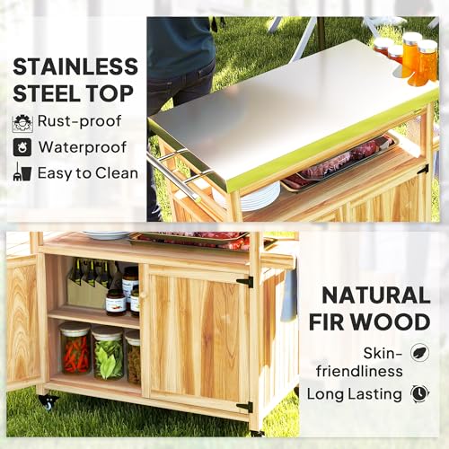 Outdoor Grill Cart with Wheels and Storage Natural Wood