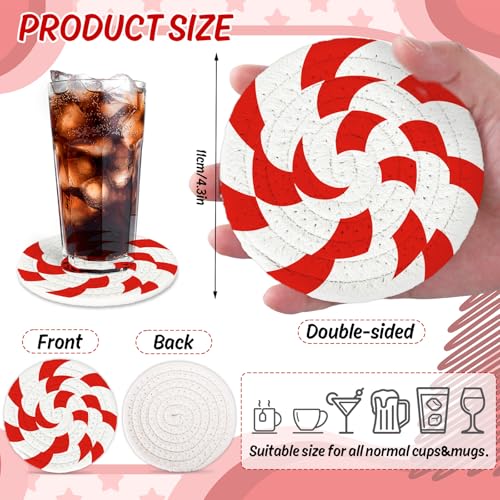 Christmas Candy Cotton Coasters Red White Peppermint Handmade Braided Drink Coasters Absorbent Cup Mats for Xmas Holiday Party Home Table Decor (4 Count)