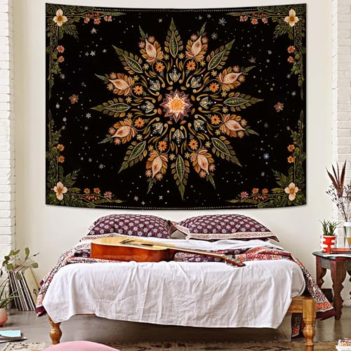 Boho Floral Mandala Tapestry for Bedroom Aesthetic Vintage Bohemian Flower Wall Tapestry Black Green Hippie Indian Tapestries Wall Hanging for Living Room Dorm Decor 60 x 44 Inch